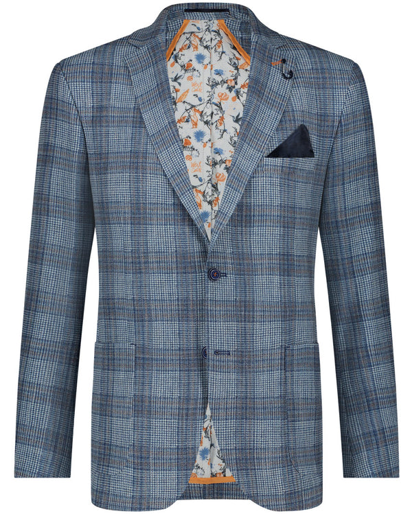 Printed Check Blazer - Navy